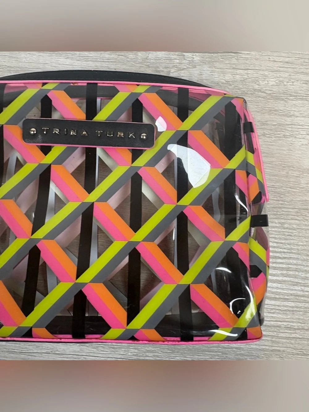 Trina Turk cosmetic bag colorful neon geometric pattern